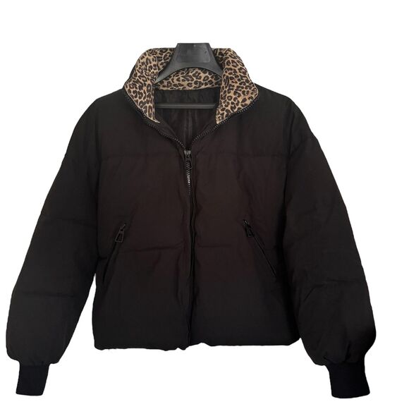 Cropped Black Puffer Jacket Soft Suede Leopard Print Collar Ribbed Cuffs Urban - Picture 2 of 12